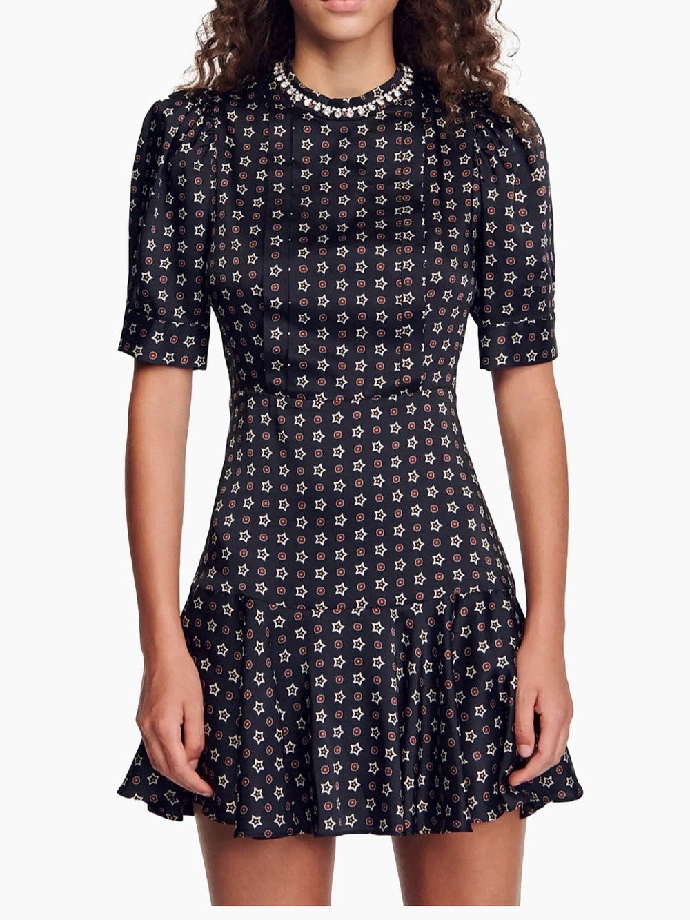 NWOT Sandro Black Star-Print Mini Satin Dress FR 36